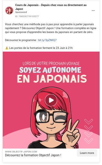 exemple pub facebook cours japonais